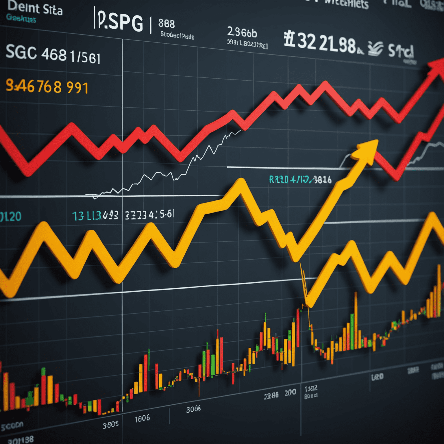 Graph showing rising and falling oil prices with market indicators and trade symbols, representing current trends in the global oil market