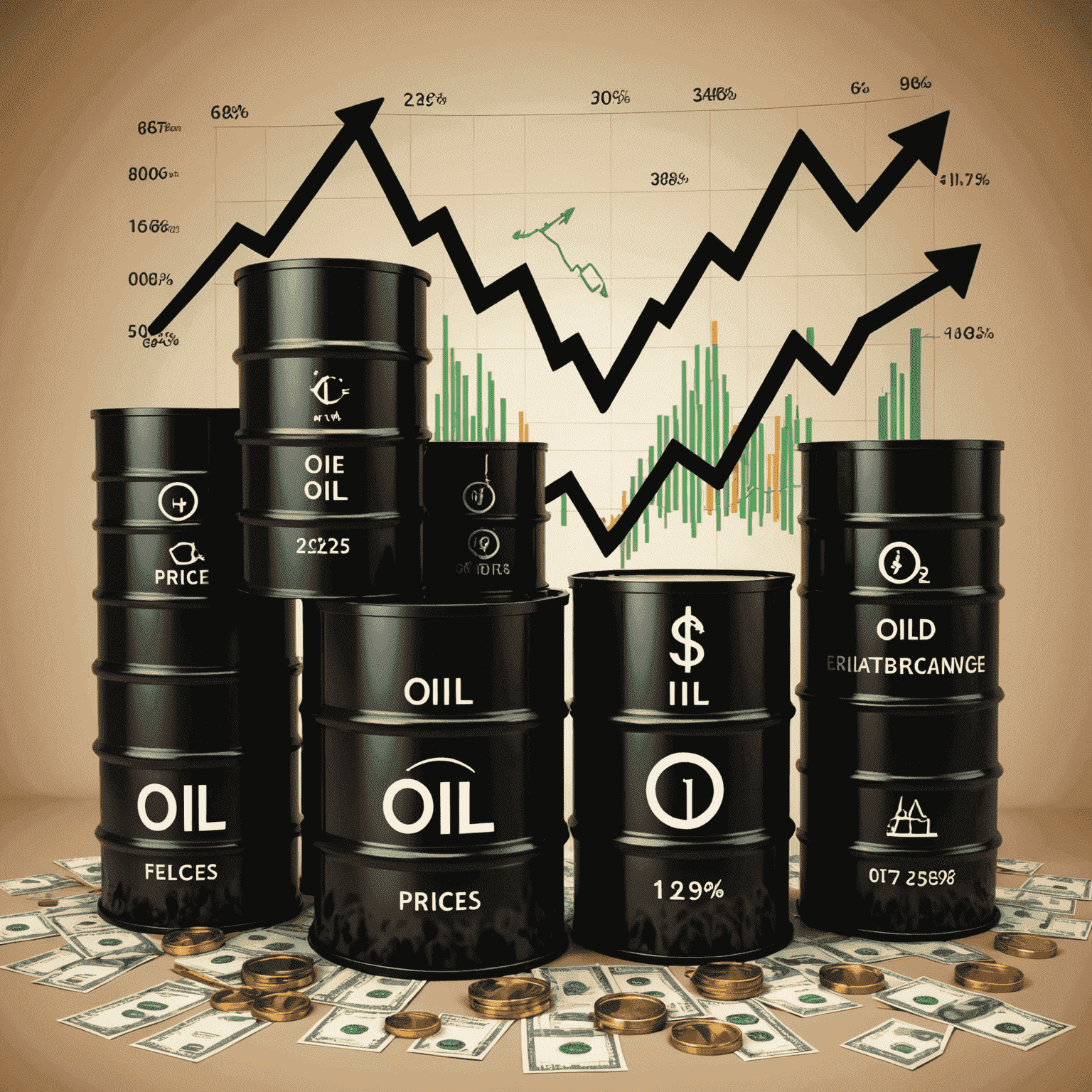 A graph showing rising and falling oil prices with arrows indicating market trends. Icons of oil barrels and currency symbols are scattered around the edges.