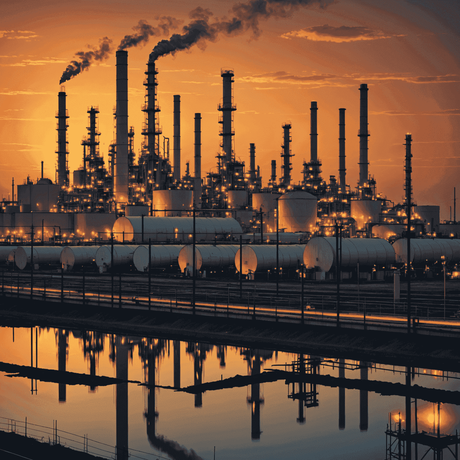 Oil refinery at sunset with price charts overlaid, symbolizing the complex factors influencing oil prices