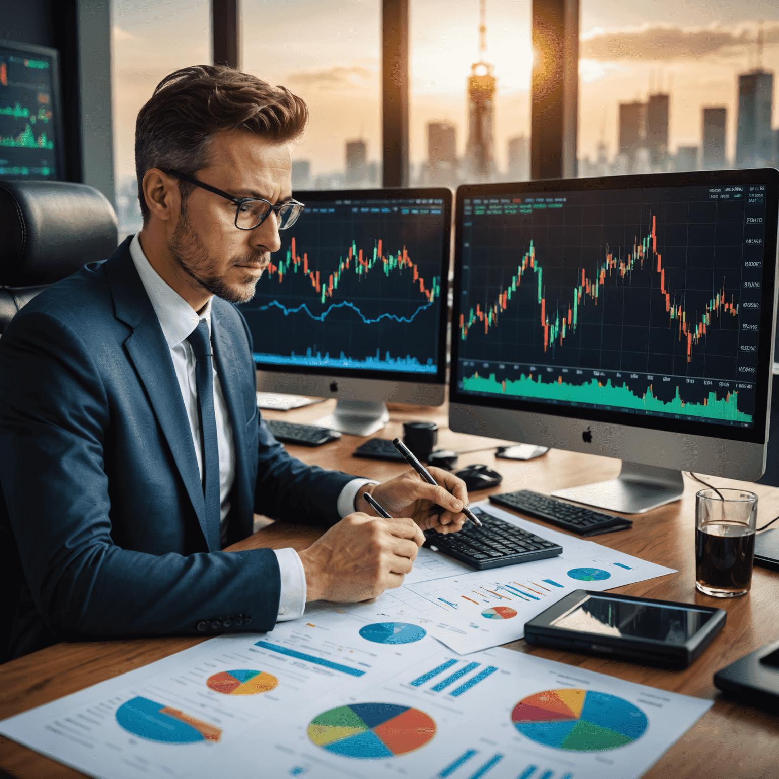 Oil trading risk management concept: A split image showing a calm trader analyzing charts on one side, and volatile oil price graphs on the other, symbolizing the balance between opportunity and risk in oil trading