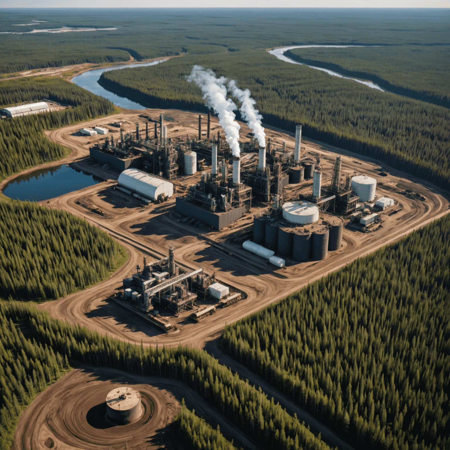 Aerial view of Canadian oil sands with modern extraction facilities and lush boreal forest in the background, showcasing the balance between industry and nature