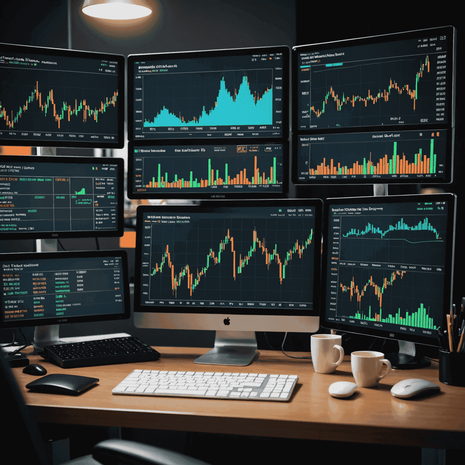 Computer screen displaying various charts, graphs, and technical indicators used in oil trading analysis, including candlestick patterns and trend lines