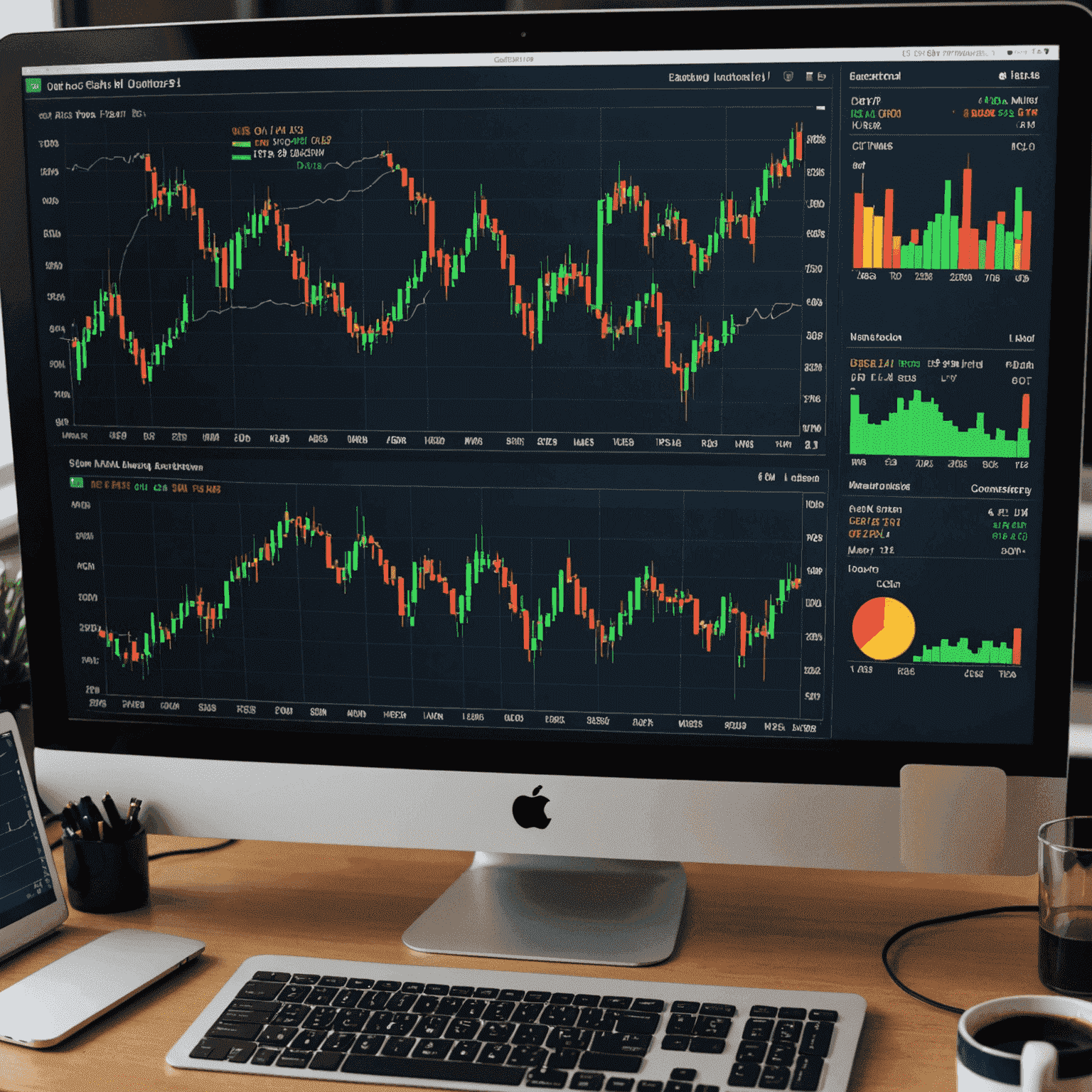 A computer screen displaying various charts, graphs, and technical indicators used in oil trading analysis. Candlestick patterns and trend lines are prominently featured.