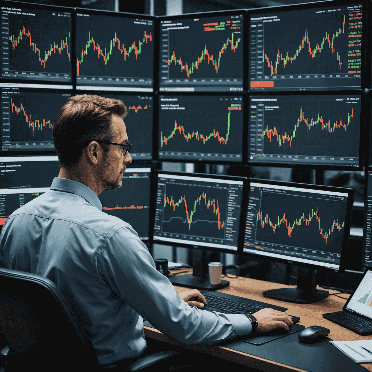 A trader using multiple screens to analyze oil market data, charts, and news feeds, showcasing the importance of thorough market analysis in oil trading risk management