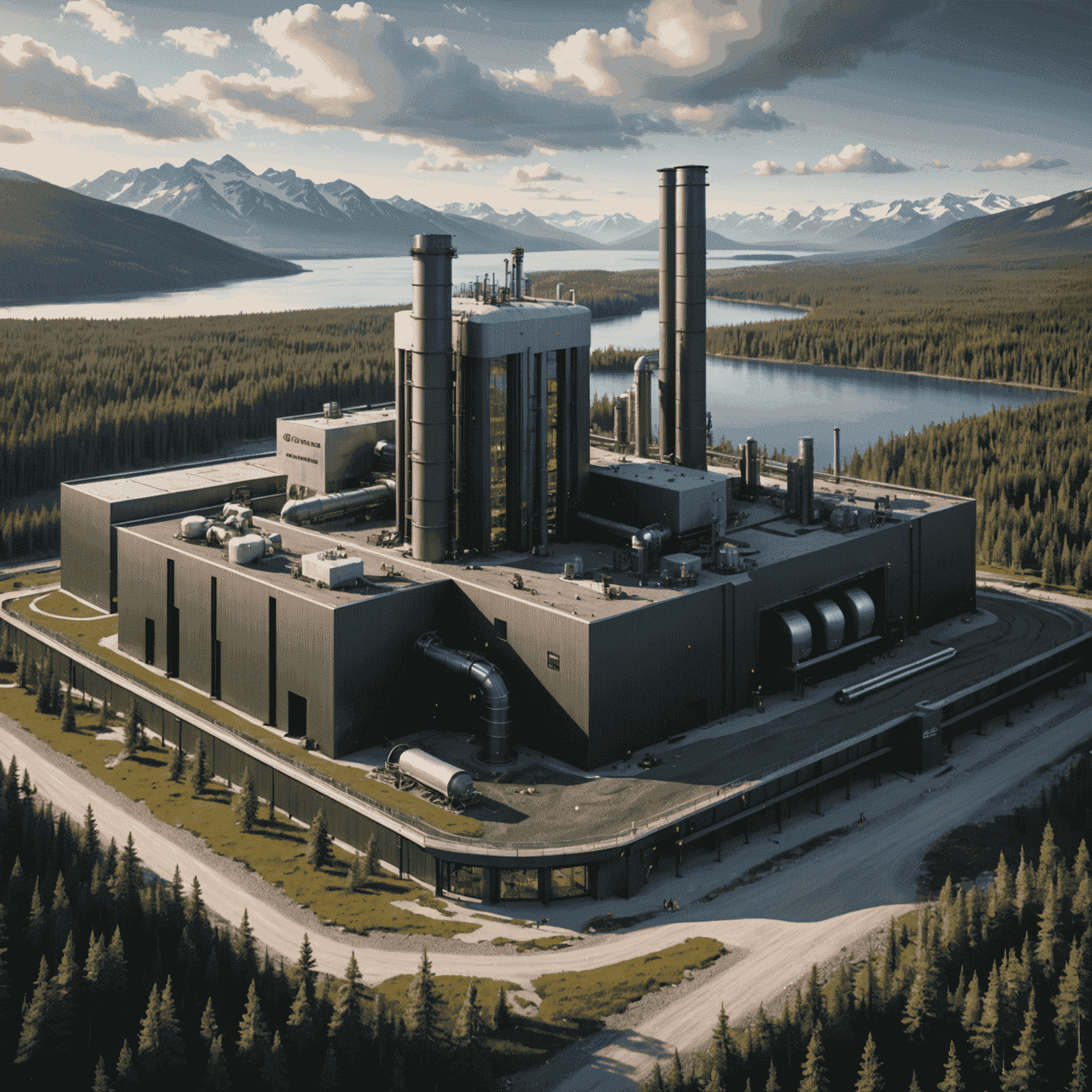 Cutting-edge carbon capture facility with futuristic design, surrounded by Canadian wilderness, symbolizing the blend of technology and environmental responsibility