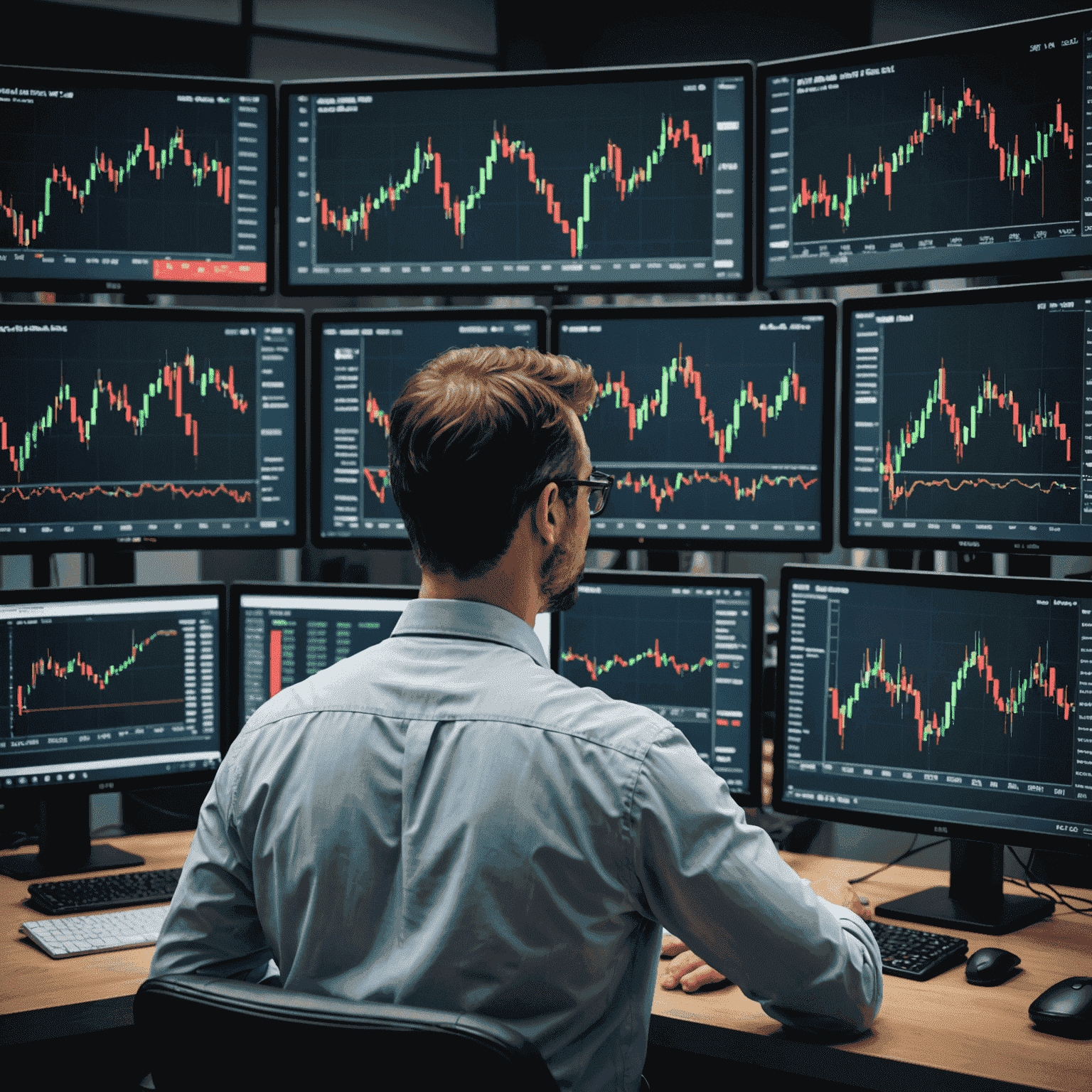 A trader analyzing multiple screens displaying various technical indicators and oil price charts