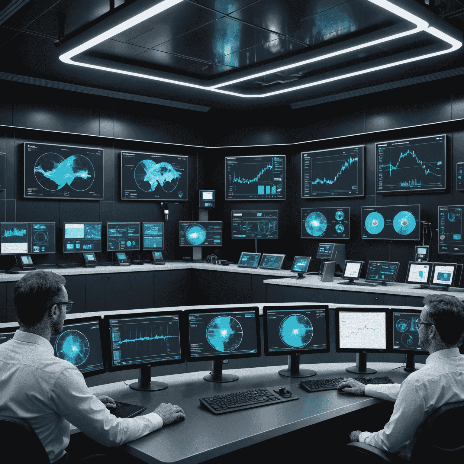 Futuristic pipeline control room with holographic displays showing real-time oil flow data, operated by diverse team of experts